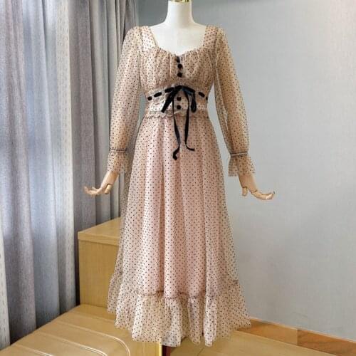 French Vintage Maxi Long Party Dress Women Long Sleeve Elegant Dot Boho Beach Holiday One Piece Dress 2021 Spring Korean Robes