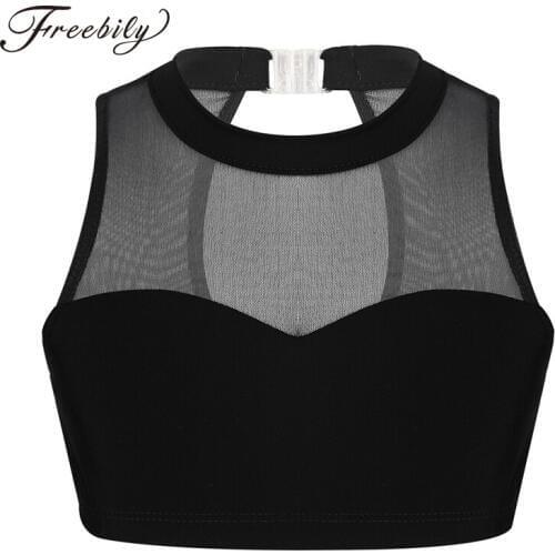 Girls Ballet Crop Top Mock Neck Stretch Mesh Splice Sweetheart Chest Tanks Bra Tops for Ballet Dance Stage Performance Workout