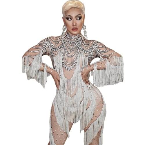 White Tassel Jumpsuit Women stage show wear Fake Rhinestone Print Dancer Spandex Nightclub Costumes