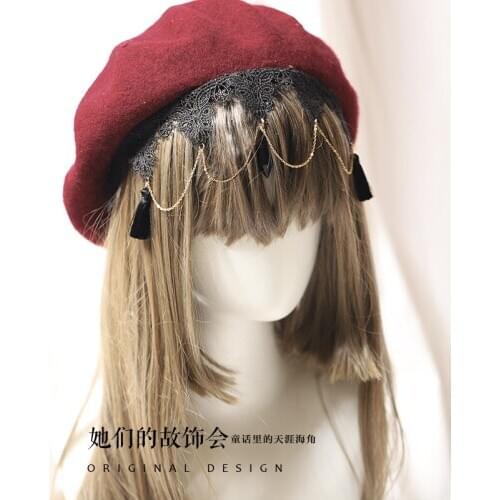 Lolita Handmade Gothic Dome Cap Wind Red Chain Wool Beret Black Lace Tassel Hard Girl Hat Diablo Headwear Women Berets