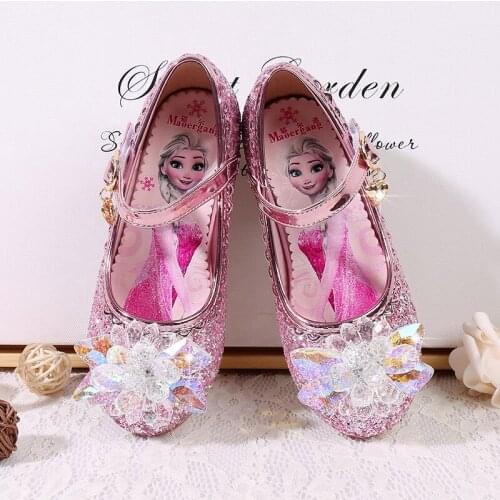 Disney Princess Kids Leather Shoes For Girls Flower Casual Glitter Children High Heel Girl Shoe sandals crystal Blue Pink Silver