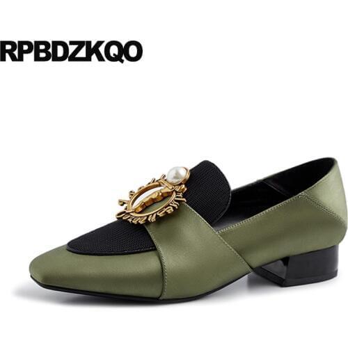 Designer shoes women luxury 2019 metal high quality slip on loafers size 35 square toe satin green pearl chinese pink china
