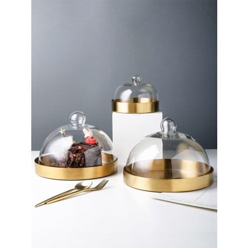 European Transparent Glass Cake Cover Dust-Proof Fresh-Keeping Cove Fruit Cake Plate Golden Stainless Steel Round Dessert Plates