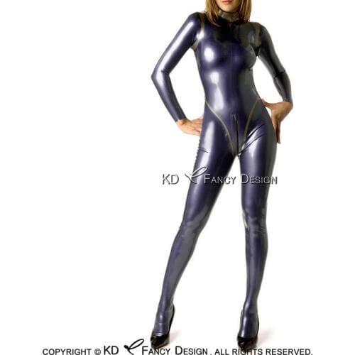 Metallic Purple With Golden Sexy Latex Catsuit With Feet Crotch Zipper Rubber Body Suit Catsuit Bodysuit Zentai Overall LTY-0124