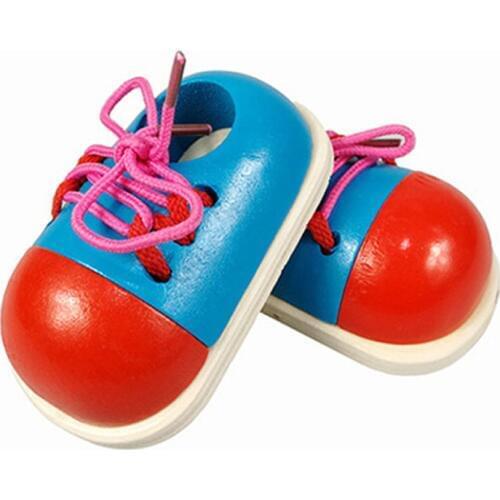 Montessori Toys Children Early Educational Learning Puzzle Wooden Toys 3D Kids Lacing Shoes Teaching Aids Toy 1PCS