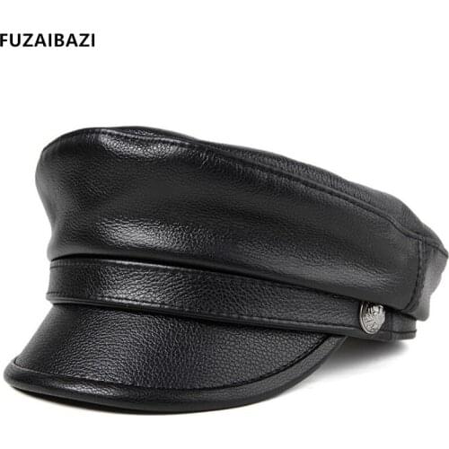 FUZAIBAZI New Fashion Genuine Leather Military Cap Mens Womens Spring Fall Outdoor Travel Youth Trend Flat Caps