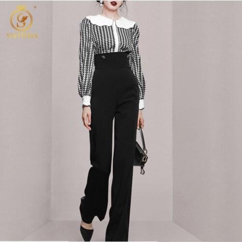 Two-Piece Set For Women 2021 New Fashion Autumn Luxury Diamond Beading Long Sleeve Shirt High Waist Ladies Straight Pants Suit