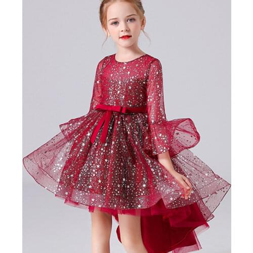 2021 Summer Baby Girl Wear Trumpet Sleeve Flower Dress Long Tailed Red Princess Childrens Dress Performance Clothing