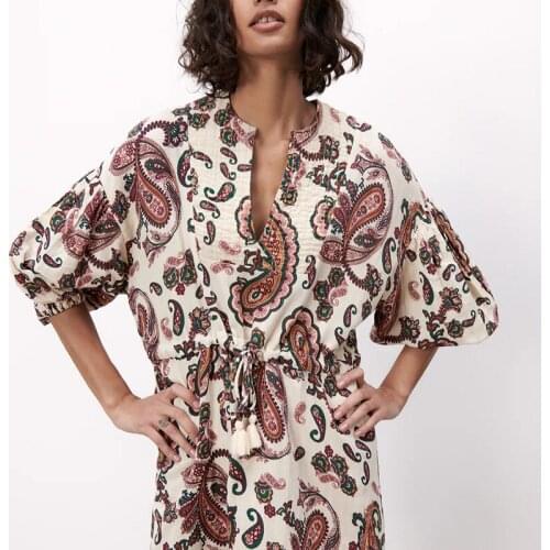 Hot-selling summer ladies flower print dress half-sleeves ethnic style fashion retro short dress