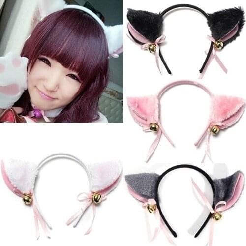 Cute Cat Fox Ears Headband Bell Bow Cosplay Halloween Party Fancy Costume Hair Accessories for Girls