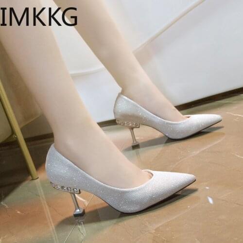Fashion High heels Shoes Woman Basic Pumps 2021 Red Shiny Diamond Shallow Work Shoes Sexy Women silver Pumps