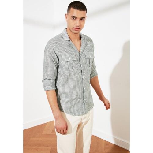 Trendyol Male Regular Fit Apaş Collar Striped Double Pockets Shirt TMNSS21GO0590