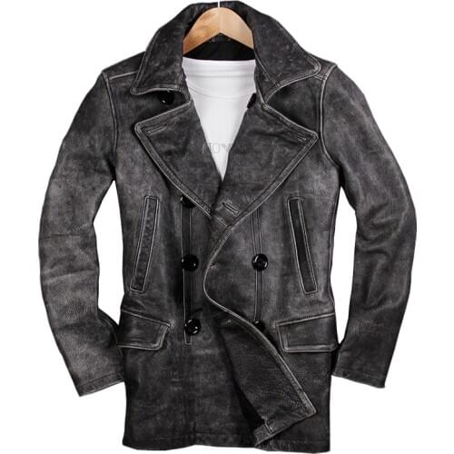 Vintage Retro Genuine Leather Jacket Men Motorcycle 100% Real Cow Cowhide Mens Double Breasted Male Winter Casual Trench Coats