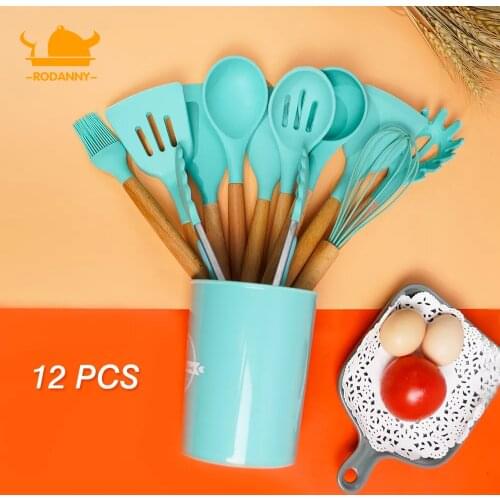 Rodanny 12PC Kitchen Silicone Cooking Utensils Set Non-stick Cookware With Wooden Handle Easy To Clean Shovel Spoon Cooking Tool