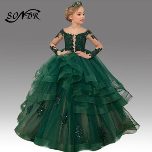 Green Girls Party Gowns HT088 Embroidery Lace Flower Dresses Ruched Sequin Kids Party Dress Long Sleeve Vestido Primera Comunion