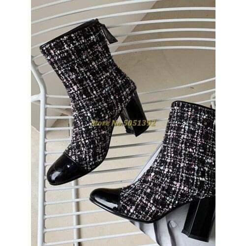 Newest Lattice Patchwork Boots Round Toe Block Heel Zipper Stylish Shoes Women Dress Luxury Designer Knight Boots