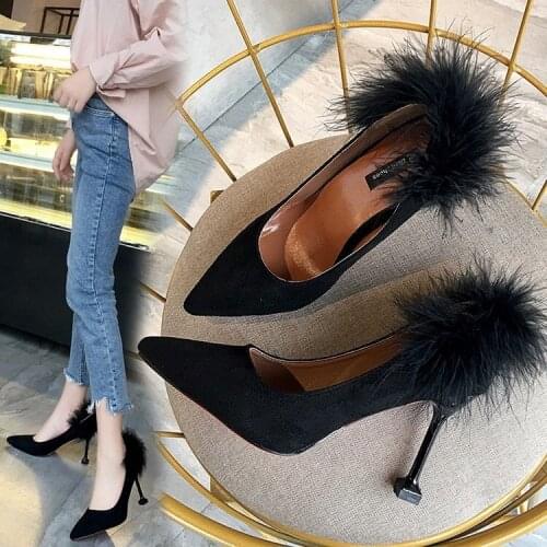 New Womens Fashion Fuzzy Pointed Shallow Mouth Pumps Shallow Mouth High Heels Stiletto Sexy Thin All-match Ladies Party Shoes