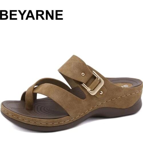 BEYARNESummer Women Premium Orthopedic Open Toe Slippers Vintage Anti-slip Breathable Leather Casual Female Platform Retro Shoes