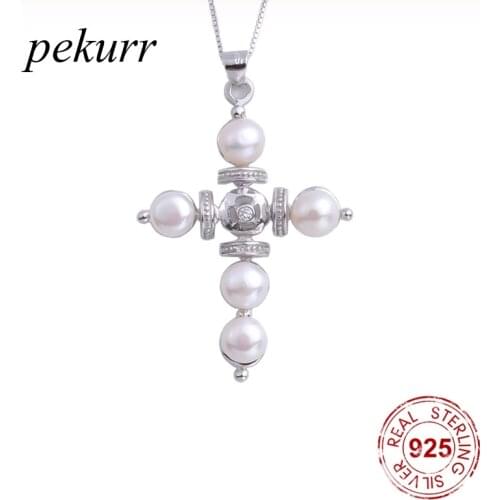 Pekurr 925 Sterling Silver Big Natural Freshwater Pearl Cross Female Pendants Necklaces For Women Collar Zircon Jewelry