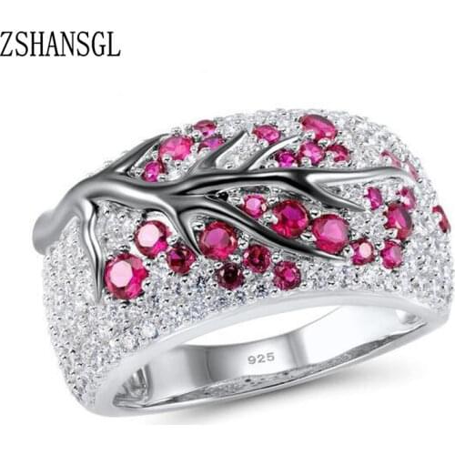 Romantic Silver Rings for Women Created Hiny Pink Tree CZ Ladies Ring 925 Sterling Silver Party Fashion Chic Jewelry Gift