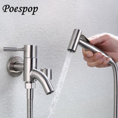 POSEPOP Brushed Silver Stainless Steel HandHeld Toilet Bidets Sprayer Shattaf Cloth Diaper Spray Bidet Shower Set Adapter No Dri