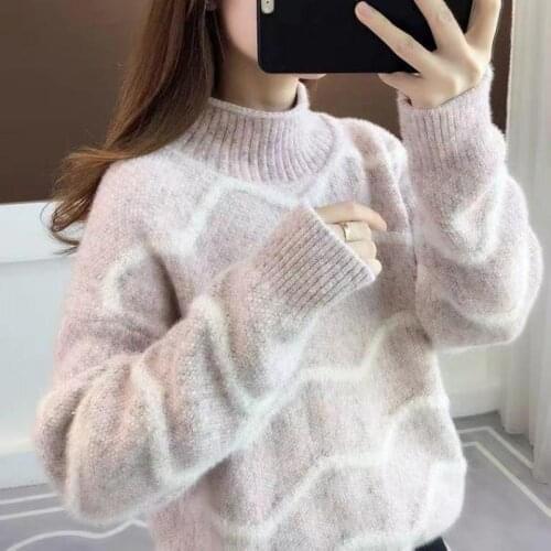 Turtleneck Womens Sweater Autumn Winter Imitation Mink Loose Thick Bottom Jumper Women Striped Jersey Oversize Mujer