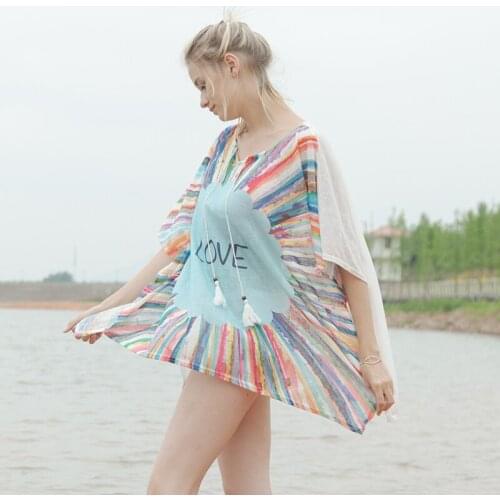 2021 Summer New Fashion Loose Bat Sleeve Top Striped Colorful Printed Shirt Beach Cover Ups for Swimwear Women