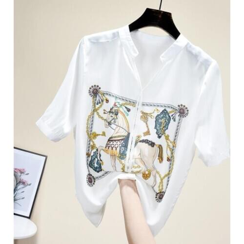 Women Spring Summer Style Chiffon Blouses Shirts Lady Casual Short Sleeve V-Neck Horse Printed Blusas Tops ZZ0734
