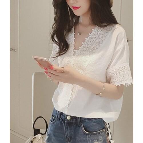1pc Women Summer Chiffon Blouse Lace Hollow Out V-neck Short Sleeves Loose Tops AIC88