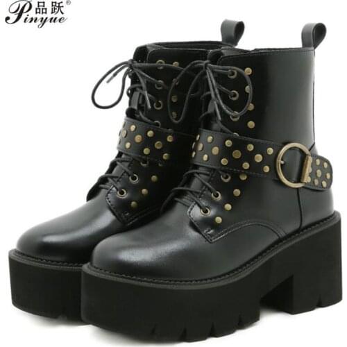 Womens New Metal Chains Chunky Platform Womens Boots Round Toe Martin Boots Women Winter Black Punk Goth Boots