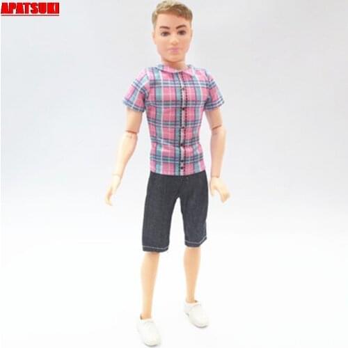 1set Pink Plaid Top T-Shirt Shorts Outfits Clothes For Ken Doll Clothes for Barbies Boyfriend Ken Boy Men Male Doll Accessories