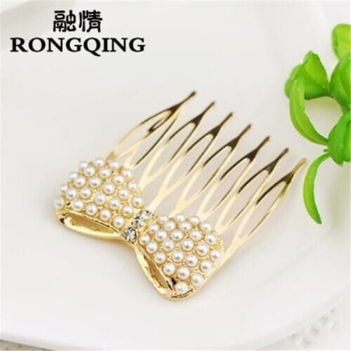 RONGQING 1pcs Rhinestones Pearls Knot Bow Hair Combs Fashion Hair Brush for Women Hair Accessories
