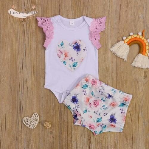 2021 Toddler Baby Girl Clothes Flying Sleeve Lace Patchwork Floral Tops Bodysuit Shorts Trousers 2PCS Set 0-24M Clothes