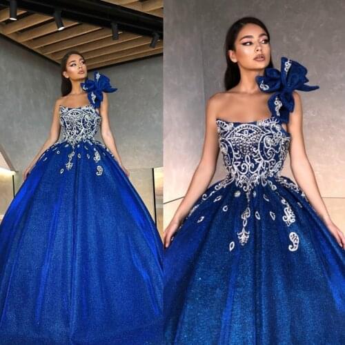 2020 Lace Applique Prom Dresses Beaded Formal Ball Gown Bling Bling Deep Blue Second Reception Evening Gowns Robes
