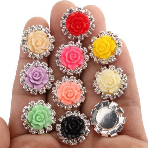 50pcs/lot 20MM 12colors Newborn Handmade Rose Flower Rhinestone Buttons For Wedding Decorative Buttons For Jewelry Accessories