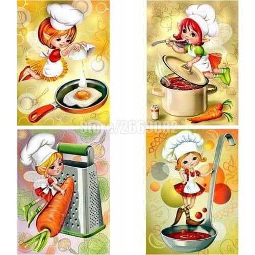 5D Diy Diamond Painting Cartoon Character Girl Diamond Embroidery Chef Cross Stitch Home Decor Kitchen Mural TT974