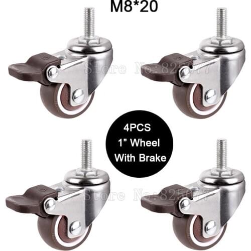Brand New 4PCS 1'' Universal Swivel Wheels M8x20 Screw Rod Rubber Super Mute Furniture Casters w Brake