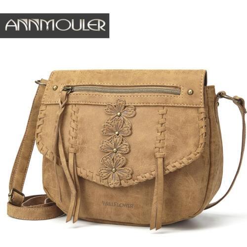 Annmouler Designer Women Handbag Purse Pu Leather Shoulder Bag Flower Crossbody Bag Small Ladies Messenger Bag Brown Lace Totes