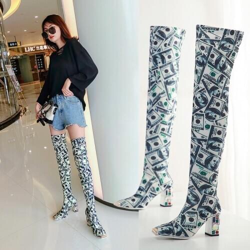 ASHIOFU Handmade 2020 New Ladies Chunky Heel Over Knee Boots Money-dollars Style Thigh High Boots Personality Fashion Boot Shoes