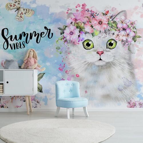 Custom Photo Wall Painting 3D Hand Painted Floral Cat Children Room Girls Room Bedroom Decoration Wall Mural Non-woven Wallpaper