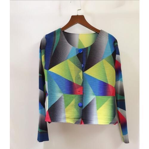 HOT SELLING Miyake fold o-neck geometric print fashionable single breasted wide-waisted lantern sleeve coat IN STOCK