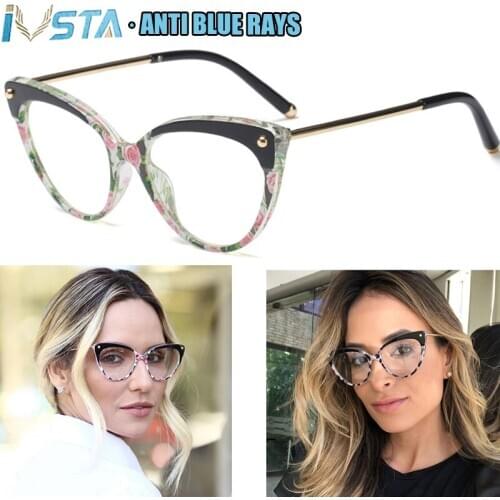 IVSTA Cat Eye Glasses Women Anti Blue Light Rays Computer Prescription Optical Frame Lady Fashion Spectacle Myopia Flower Retro