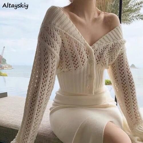 Cardigan Women Sexy Elegant Hollow Out Female Slim Spring Autumn Single Breasted V-neck Holiday Party Girls Leisure Fashionable