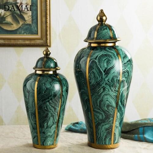 Golden Stroke Ceramic Vase Classical Green Ripple Decorative Flowers Vases Porcelain Crafts Living Room Decoration Ornaments