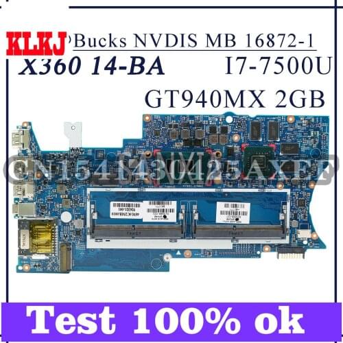 KLKJ 16872-1 Laptop Motherboard For HP PAVILION X360 14-BA Original Mainboard I7-7500U GT940MX-2GB 923688-601 923688-001