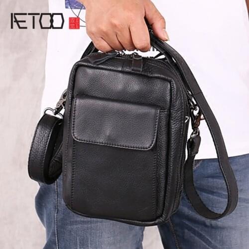 AETOO Mens mini bag, leather slant bag, vintage leather casual hand-held mens bag