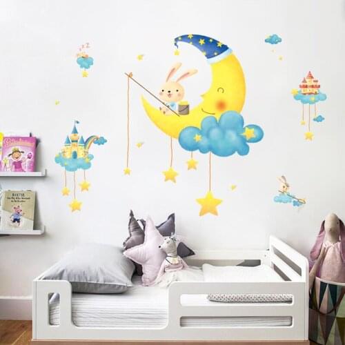 Cartoon Moon Rabbit Wall Stickers for Kids rooms Baby room Nursery Wall Decor Self-adhesive Vinyl Wall Decals Home Decoration