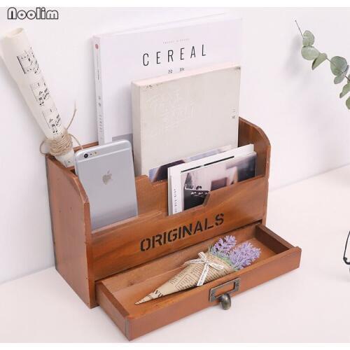 NOOLIM Zakka Vintage Retro Desk Multi-grid Storage Jewelry Makeup Storage Box Folder Shelf Office Tabletop Storage Organizer