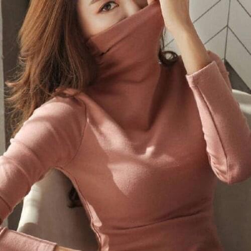 Autumn and Winter Plus Velvet Warm High-neck Long-sleeved T-shirt Pullover Soft Ladies Slim Slimming Bottoming Shirt
