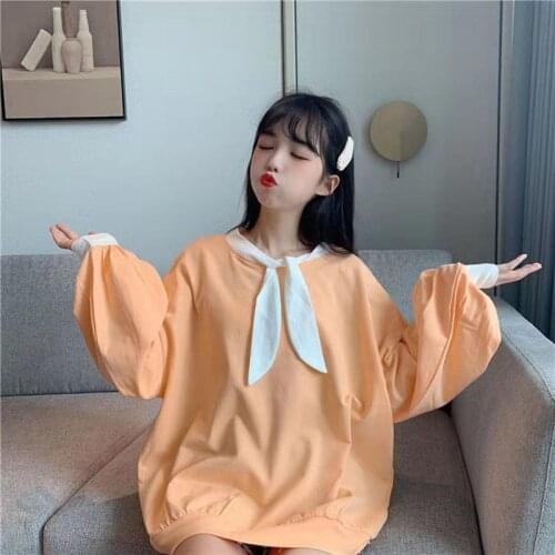 Autumn 2021 version of the sweet college style Long Sleeve Hoodies cute bunny ears bow tie lantern long-sleeved T-shirt blouse